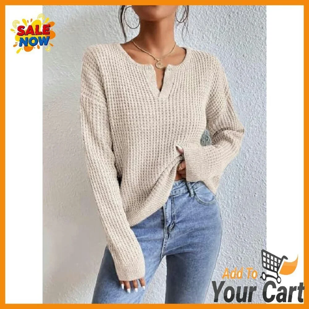 Women's V-Neck Pullover Sweater Drop Shoulder Long Sleeve Lightweight